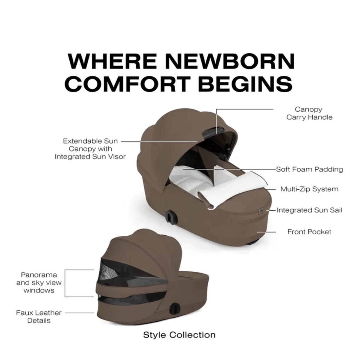 CYBEX PRIAM Fold Lux Carry Cot - Style Collection Coconut Brown - Breathable by Design