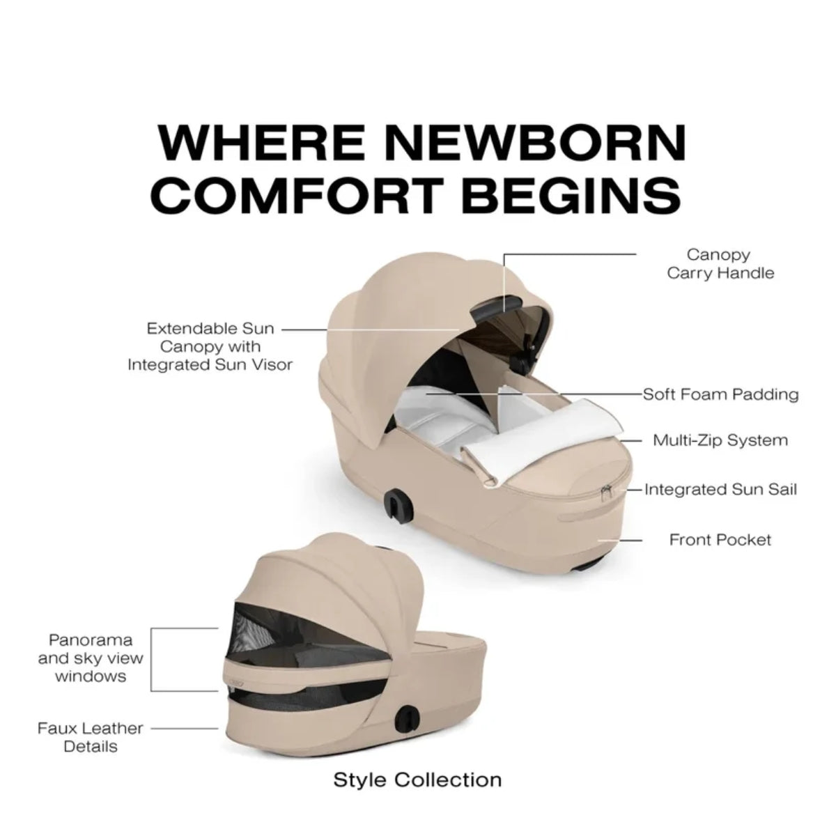 CYBEX PRIAM Fold Lux Carry Cot - Style Collection Cozy Beige - Breathable by Design
