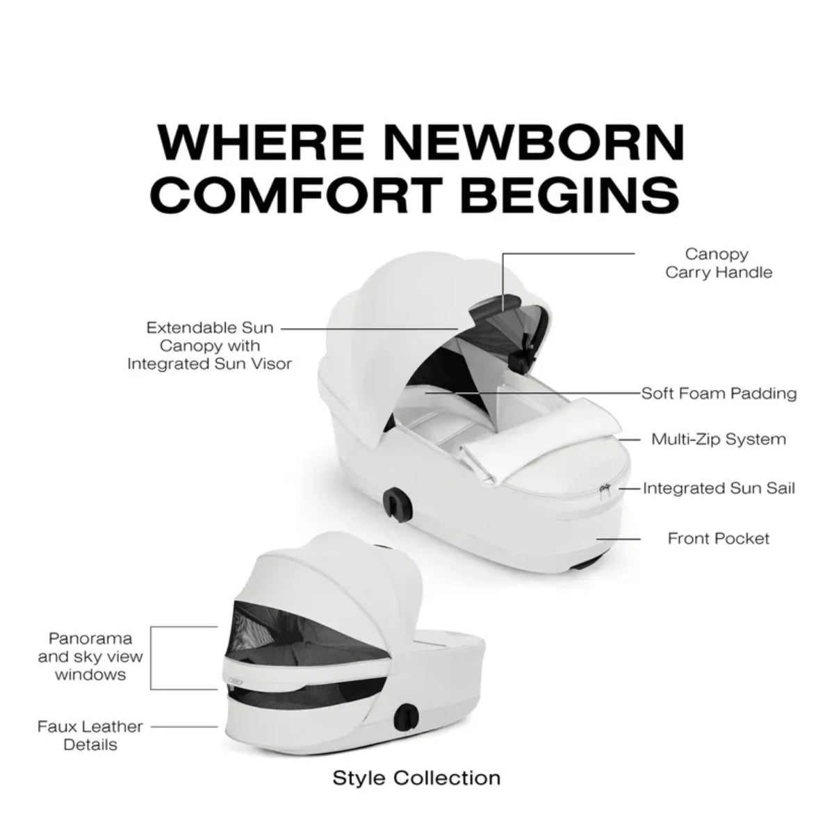 CYBEX PRIAM Fold Lux Carry Cot - Style Collection Off White - Breathable by Design