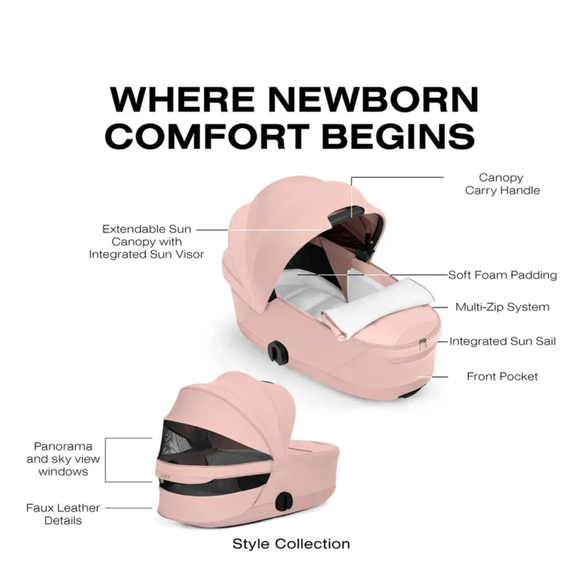 CYBEX PRIAM Fold Lux Carry Cot - Style Collection Peach Pink - Breathable by Design