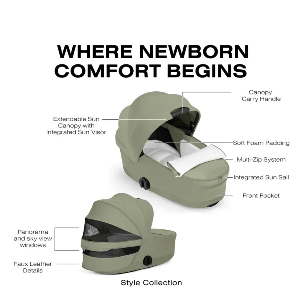 CYBEX PRIAM Fold Lux Carry Cot - Style Collection Sage Green - Breathable by Design