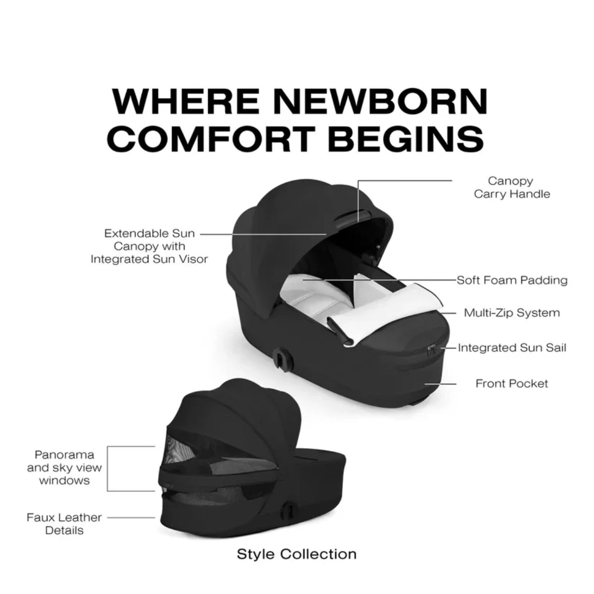 CYBEX PRIAM Fold Lux Carry Cot - Style Collection Sepia Black - Breathable by Design